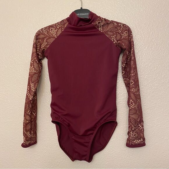 WEISSMAN Balera Dance Costume LEOTARD WITH LACE LONG SLEEVES red MT10292 MC - Picture 2 of 9